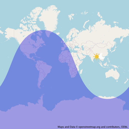 An OpenStreetMap with a sun and moon drawn on their geocentric latitude and longitude