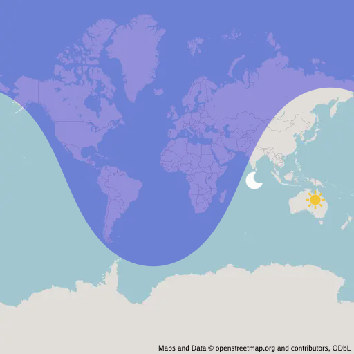 An OpenStreetMap with a sun and moon drawn on their geocentric latitude and longitude