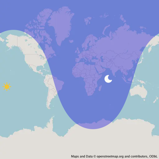 An OpenStreetMap with a sun and moon drawn on their geocentric latitude and longitude