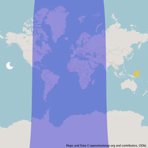 An OpenStreetMap with a sun and moon drawn on their geocentric latitude and longitude
