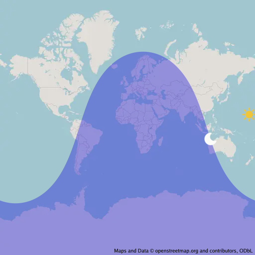 An OpenStreetMap with a sun and moon drawn on their geocentric latitude and longitude