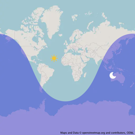 An OpenStreetMap with a sun and moon drawn on their geocentric latitude and longitude