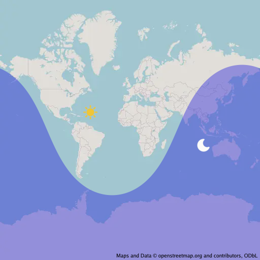 An OpenStreetMap with a sun and moon drawn on their geocentric latitude and longitude