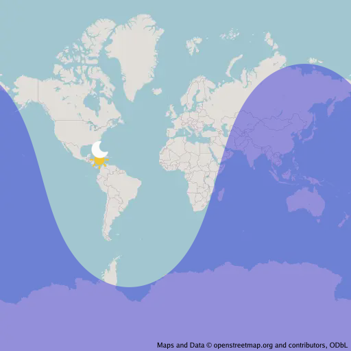 An OpenStreetMap with a sun and moon drawn on their geocentric latitude and longitude