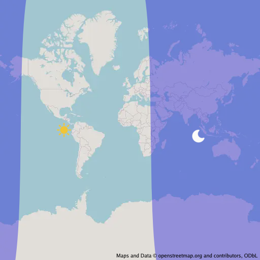 An OpenStreetMap with a sun and moon drawn on their geocentric latitude and longitude